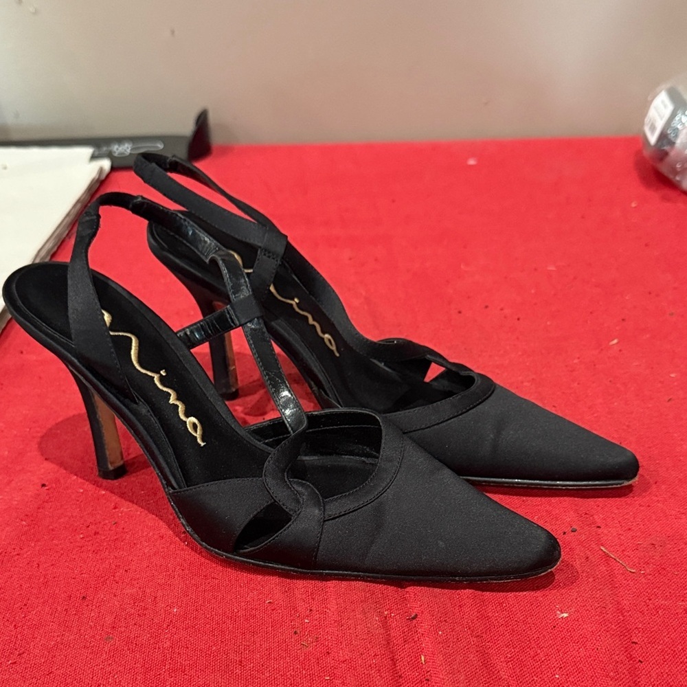 Nina Black Pointed Toe Slingback Heels